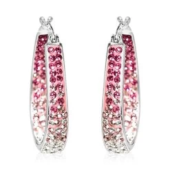 Pink And White Austrian Crystal Hoop Earrings In Silvertone