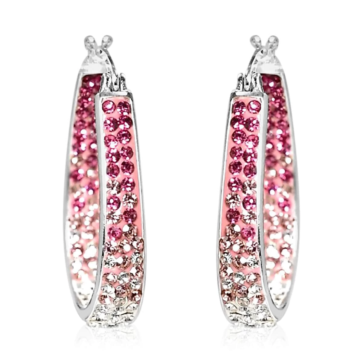 Pink And White Austrian Crystal Hoop Earrings In Silvertone 3 Pink And White Austrian Crystal Hoop Earrings In Silvertone
