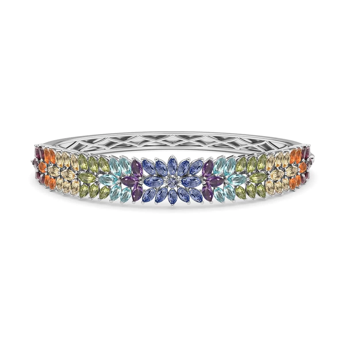 Multi Gemstone Bangle In Platinum Over Sterling Silver,Bangle Bracelet For Women,Silver Bangle For Her (7.25 In) 10.50 Ctw. 3 Multi Gemstone Bangle In Platinum Over Sterling Silver,Bangle Bracelet For Women,Silver Bangle For Her (7.25 In) 10.50 Ctw.