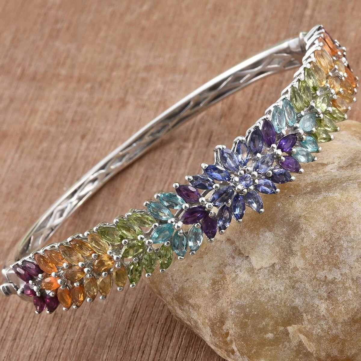 Multi Gemstone Bangle In Platinum Over Sterling Silver,Bangle Bracelet For Women,Silver Bangle For Her (7.25 In) 10.50 Ctw. 4 Multi Gemstone Bangle In Platinum Over Sterling Silver,Bangle Bracelet For Women,Silver Bangle For Her (7.25 In) 10.50 Ctw. - Image 2