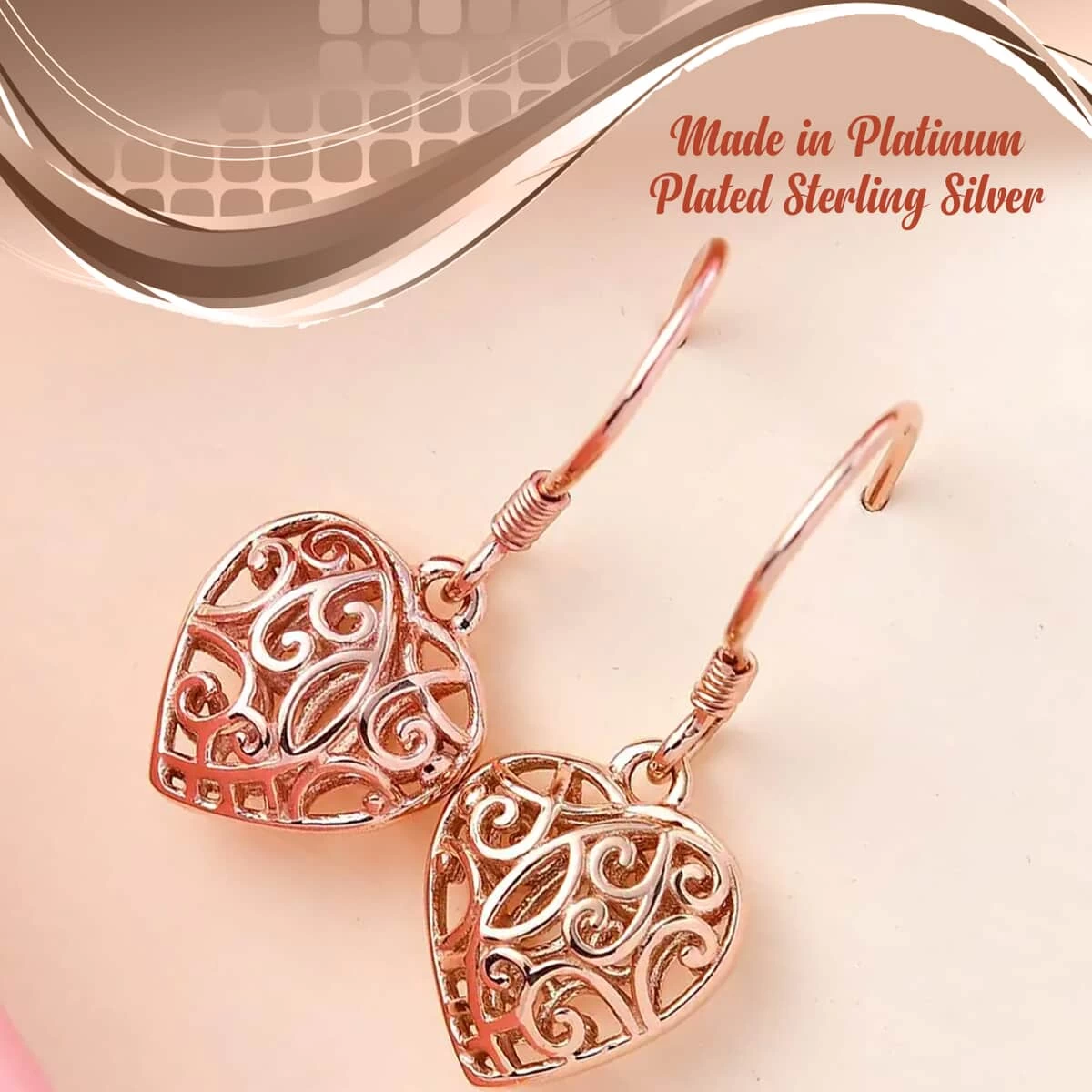 Openwork Drop Dangle Earrings In 14K Rose Gold Plated Sterling Silver, Filigree Heart Earrings, Dangle Silver Earrings For Women 4 Openwork Drop Dangle Earrings In 14K Rose Gold Plated Sterling Silver, Filigree Heart Earrings, Dangle Silver Earrings For Women - Image 2