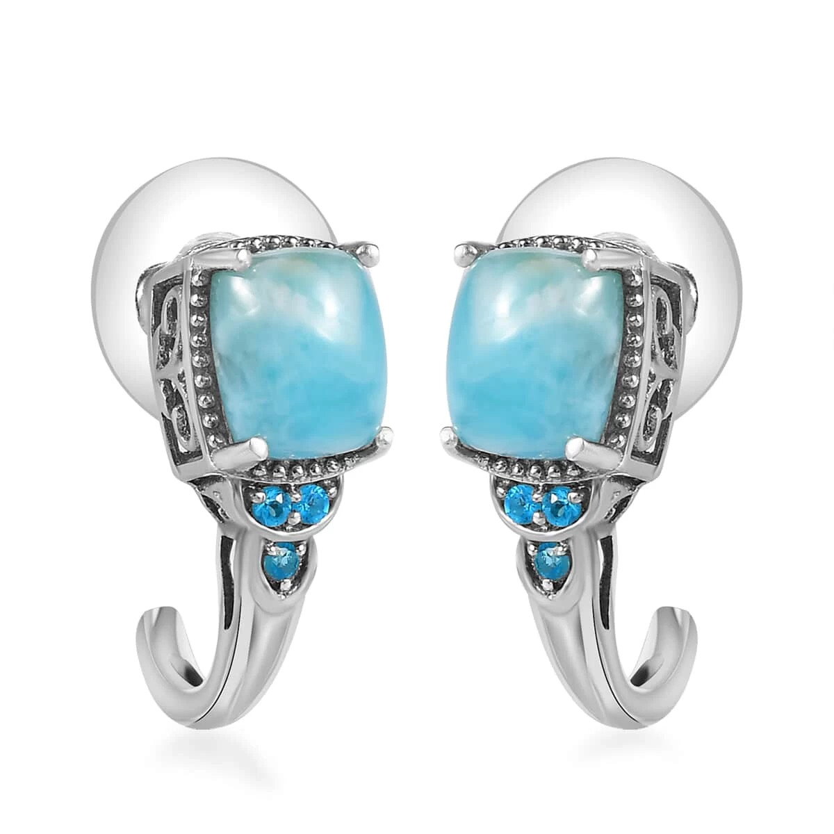 Larimar And Malgache Neon Apatite J-Hoop Earrings In Platinum Over Sterling Silver 5.25 Ctw 3 Larimar And Malgache Neon Apatite J-Hoop Earrings In Platinum Over Sterling Silver 5.25 Ctw