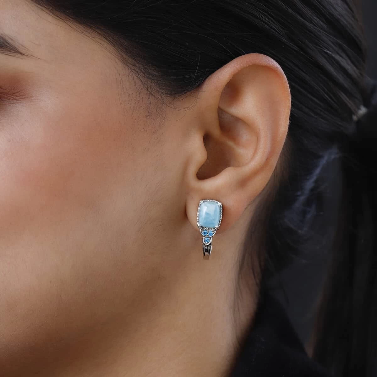 Larimar And Malgache Neon Apatite J-Hoop Earrings In Platinum Over Sterling Silver 5.25 Ctw 4 Larimar And Malgache Neon Apatite J-Hoop Earrings In Platinum Over Sterling Silver 5.25 Ctw - Image 2