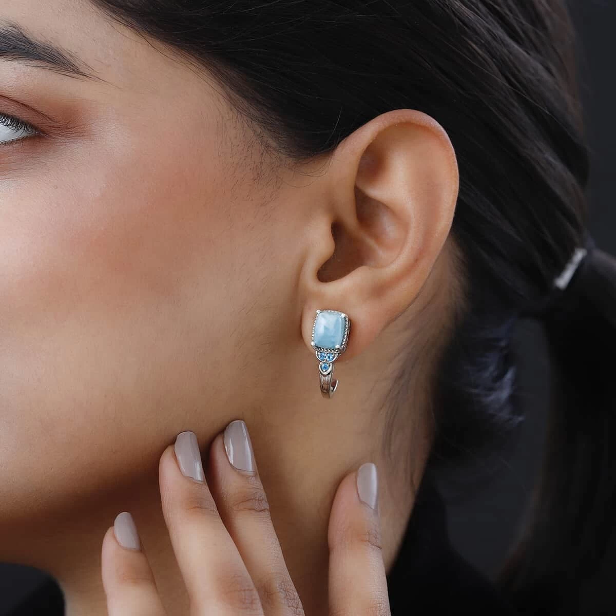 Larimar And Malgache Neon Apatite J-Hoop Earrings In Platinum Over Sterling Silver 5.25 Ctw 5 Larimar And Malgache Neon Apatite J-Hoop Earrings In Platinum Over Sterling Silver 5.25 Ctw - Image 3