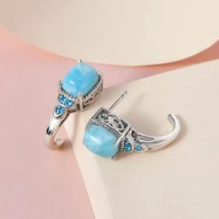 Larimar And Malgache Neon Apatite J-Hoop Earrings In Platinum Over Sterling Silver 5.25 Ctw 12 Larimar And Malgache Neon Apatite J-Hoop Earrings In Platinum Over Sterling Silver 5.25 Ctw -Jewelry store 2979834 3