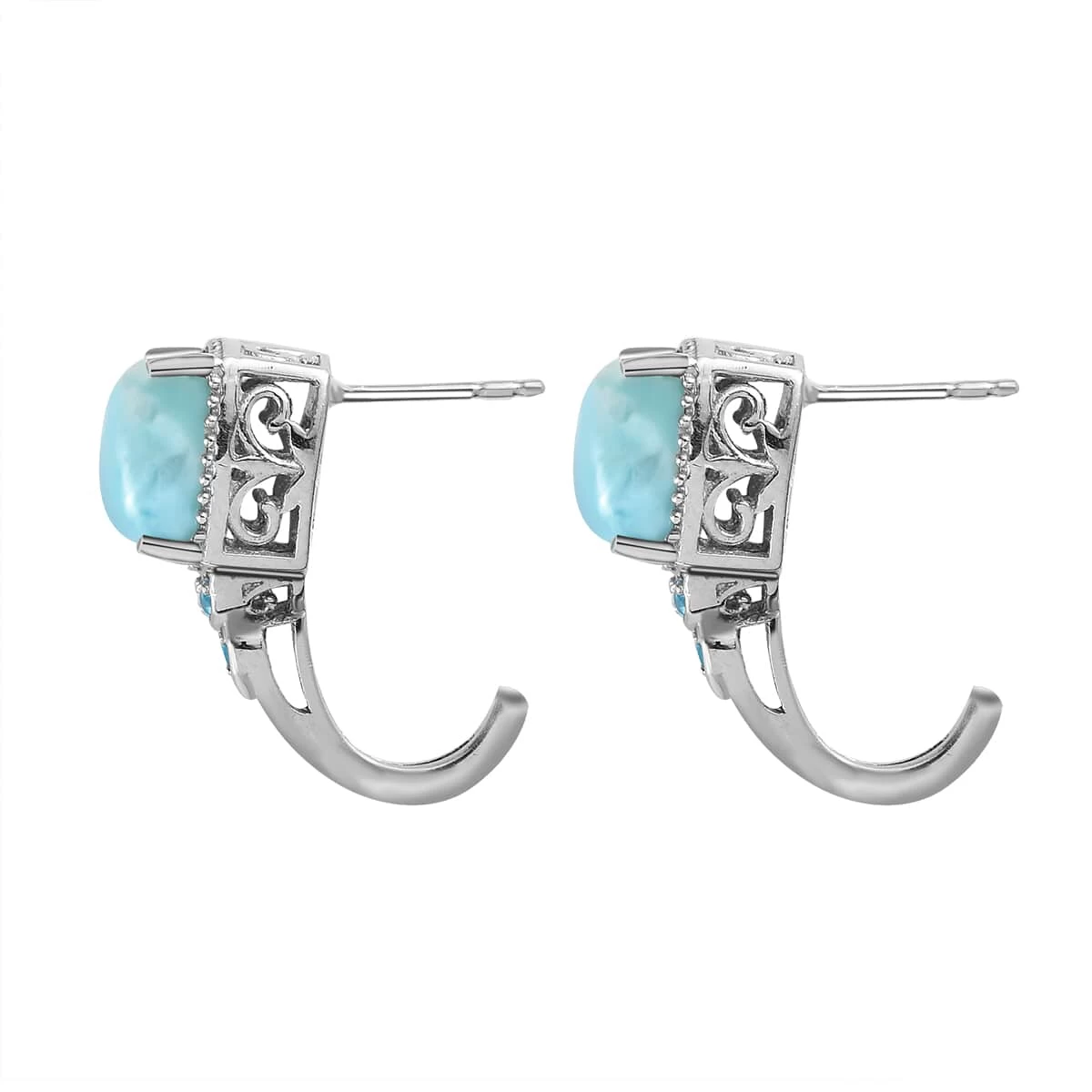 Larimar And Malgache Neon Apatite J-Hoop Earrings In Platinum Over Sterling Silver 5.25 Ctw 8 Larimar And Malgache Neon Apatite J-Hoop Earrings In Platinum Over Sterling Silver 5.25 Ctw - Image 6