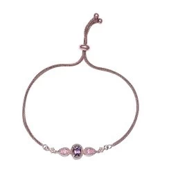 Karis Rose De France Amethyst Bolo Bracelet In 18K Rose Gold Plated, Adjustable Simulated Diamond Ball Bracelet For Women