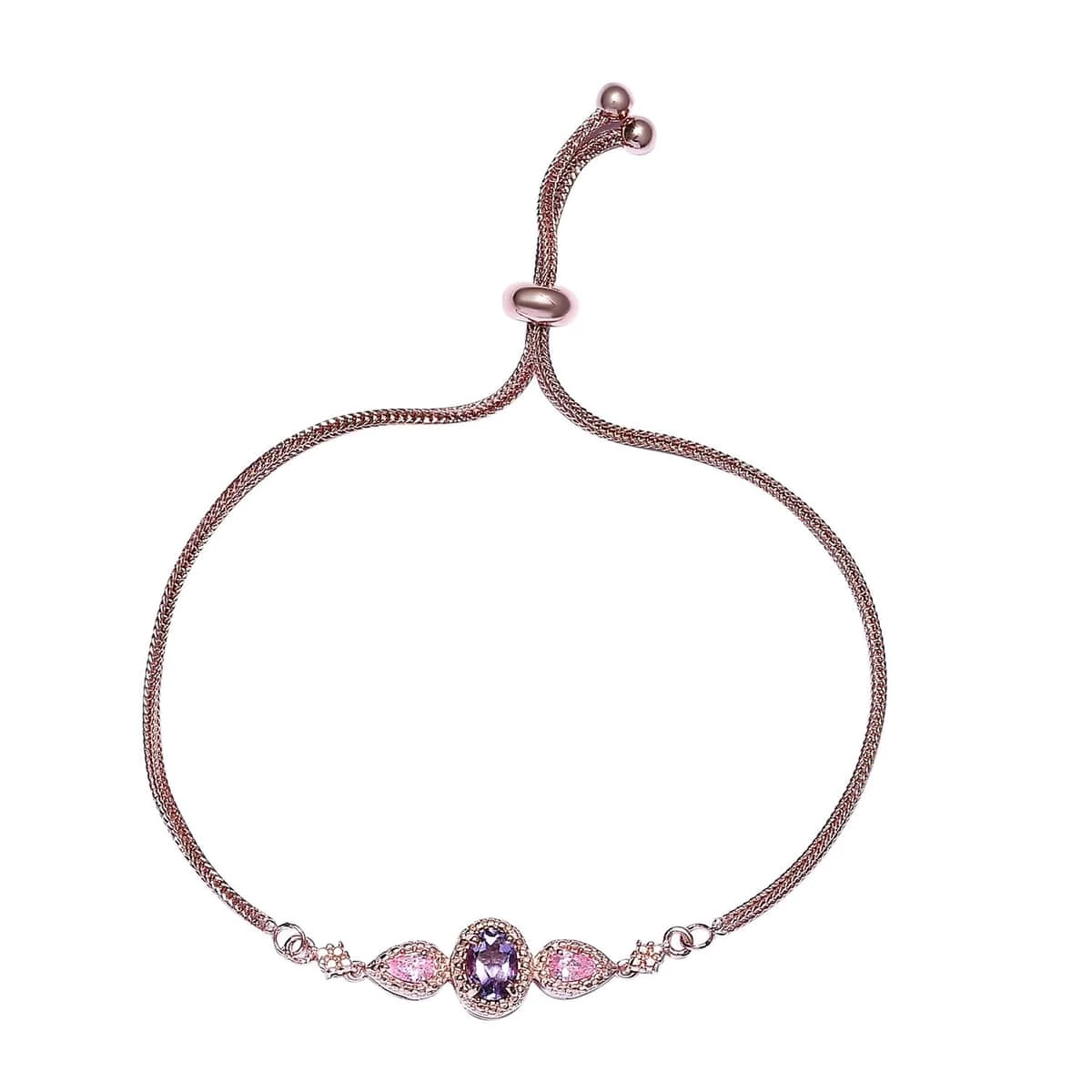 Karis Rose De France Amethyst Bolo Bracelet In 18K Rose Gold Plated, Adjustable Simulated Diamond Ball Bracelet For Women 3 Karis Rose De France Amethyst Bolo Bracelet In 18K Rose Gold Plated, Adjustable Simulated Diamond Ball Bracelet For Women