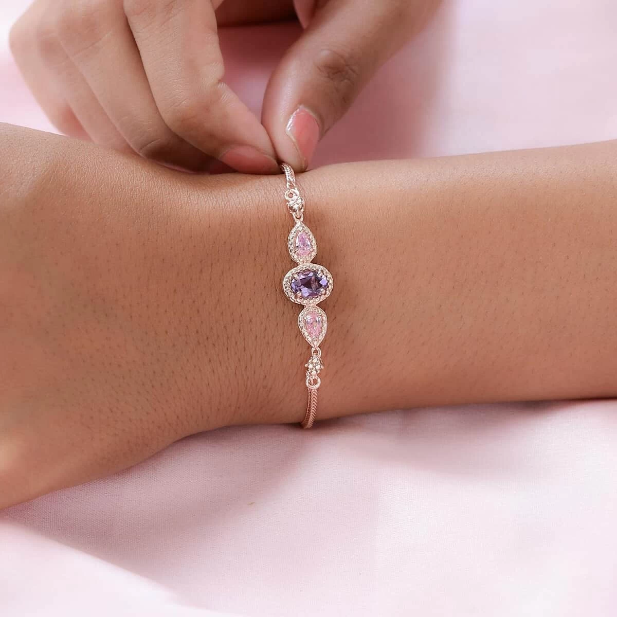 Karis Rose De France Amethyst Bolo Bracelet In 18K Rose Gold Plated, Adjustable Simulated Diamond Ball Bracelet For Women 4 Karis Rose De France Amethyst Bolo Bracelet In 18K Rose Gold Plated, Adjustable Simulated Diamond Ball Bracelet For Women - Image 2