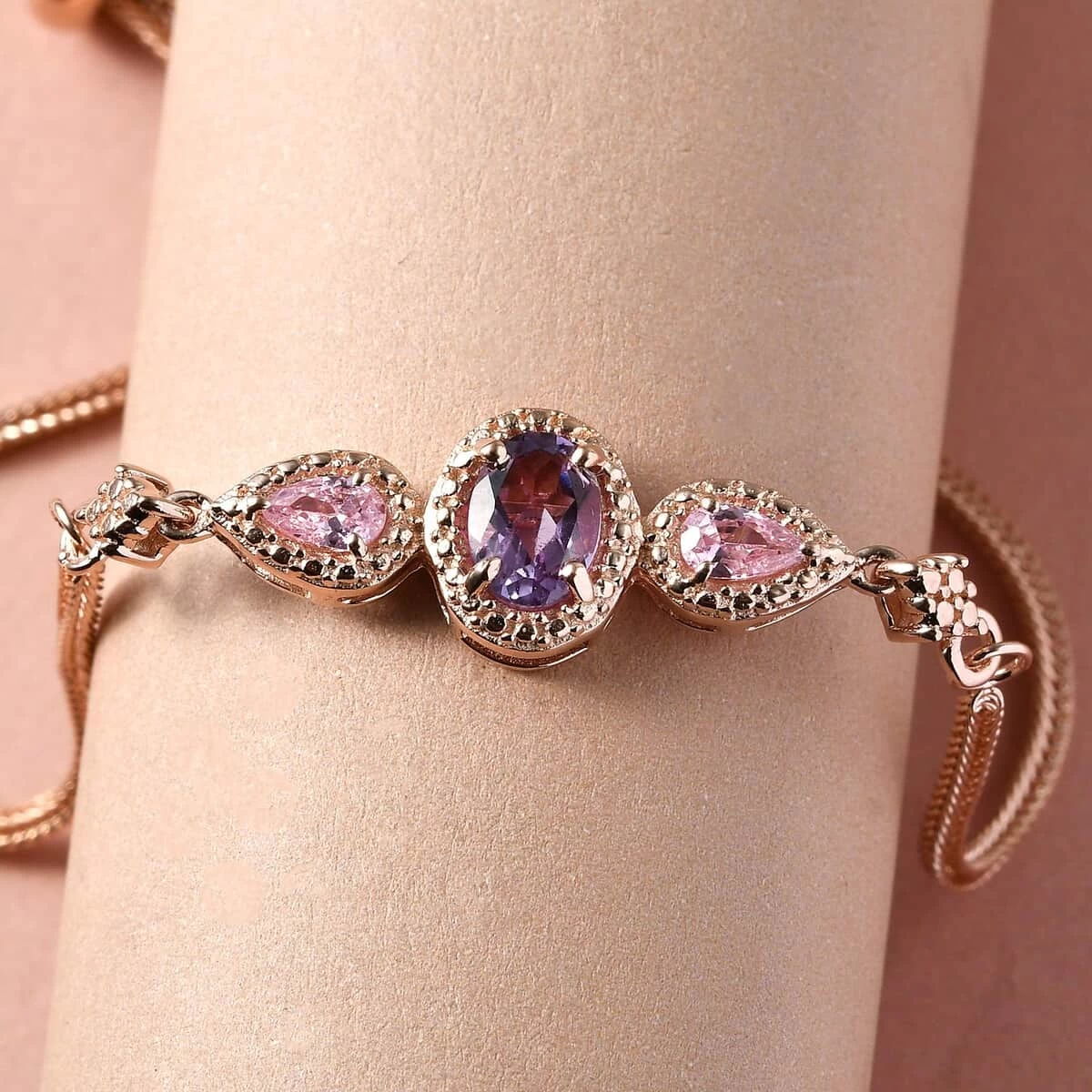 Karis Rose De France Amethyst Bolo Bracelet In 18K Rose Gold Plated, Adjustable Simulated Diamond Ball Bracelet For Women 6 Karis Rose De France Amethyst Bolo Bracelet In 18K Rose Gold Plated, Adjustable Simulated Diamond Ball Bracelet For Women - Image 4
