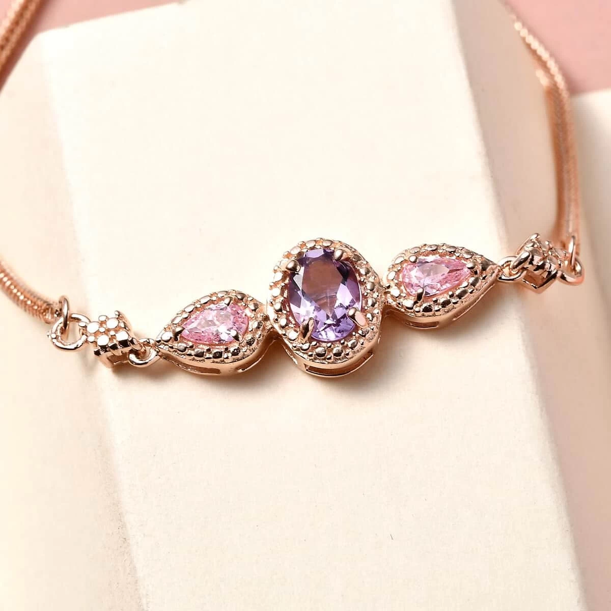 Karis Rose De France Amethyst Bolo Bracelet In 18K Rose Gold Plated, Adjustable Simulated Diamond Ball Bracelet For Women 7 Karis Rose De France Amethyst Bolo Bracelet In 18K Rose Gold Plated, Adjustable Simulated Diamond Ball Bracelet For Women - Image 5