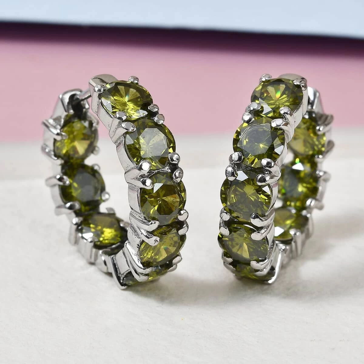 Simulated Green Diamond Hoop Earrings In Stainless Steel 20.90 Ctw 4 Simulated Green Diamond Hoop Earrings In Stainless Steel 20.90 Ctw - Image 2