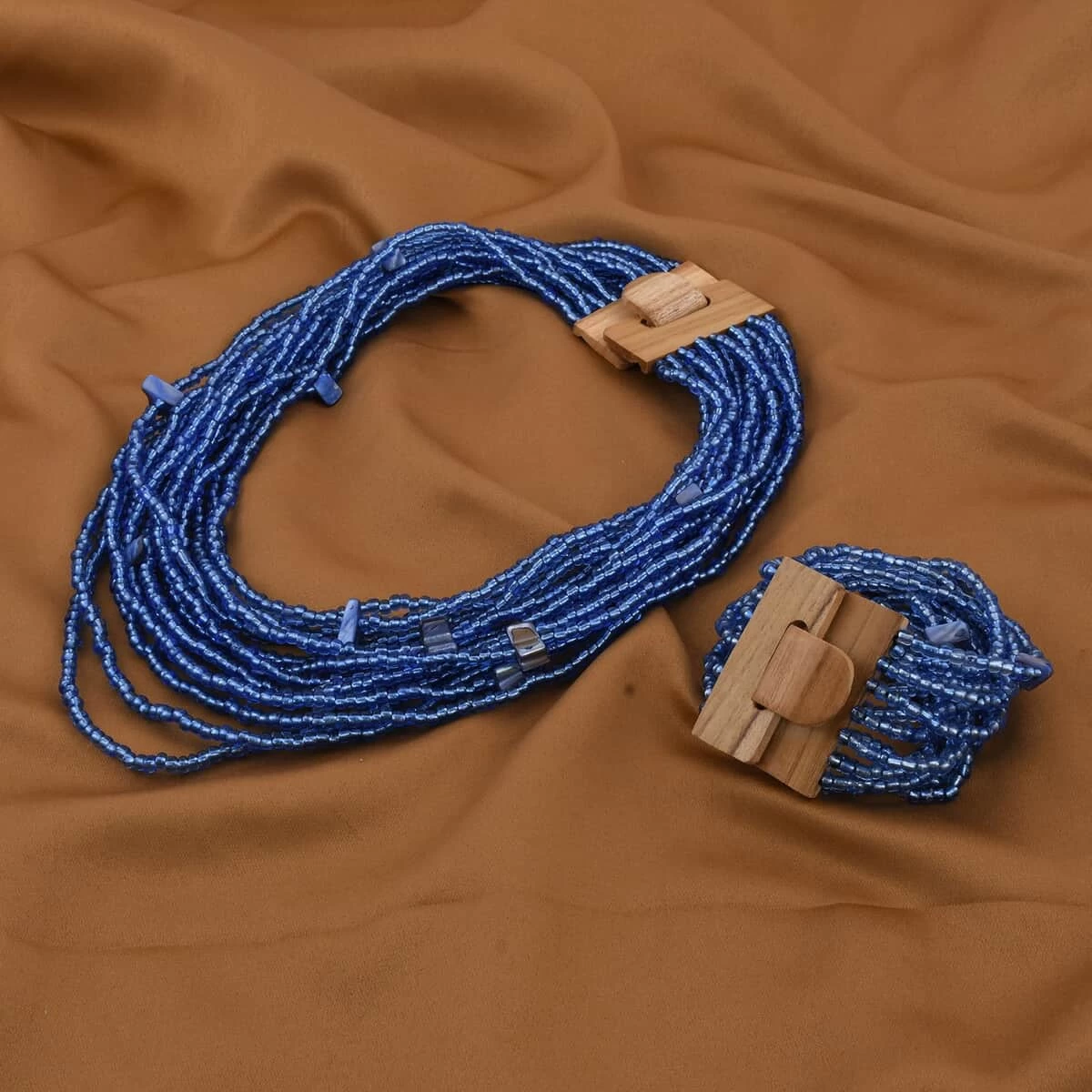Blue Seed Beaded Multi Strand Necklace With Shell Wooden Buckle Bracelet For Women In Stainless Steel, Handmade Jewelry Set For Women (18 Inches) 4 Blue Seed Beaded Multi Strand Necklace With Shell Wooden Buckle Bracelet For Women In Stainless Steel, Handmade Jewelry Set For Women (18 Inches) - Image 2