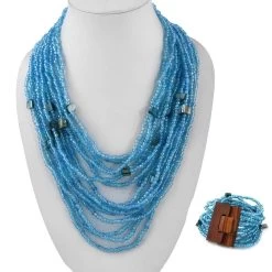 Blue Seed Beaded Multi Strand Necklace With Shell Wooden Buckle Bracelet For Women In Stainless Steel, Handmade Jewelry Set For Women (18 Inches) 11 Blue Seed Beaded Multi Strand Necklace With Shell Wooden Buckle Bracelet For Women In Stainless Steel, Handmade Jewelry Set For Women (18 Inches) -Jewelry store 3077712 2