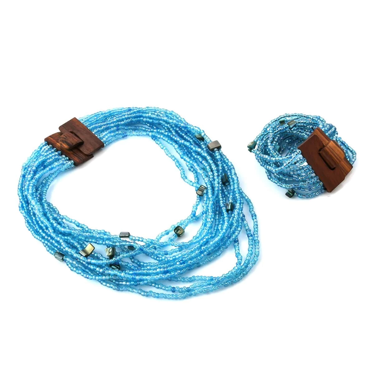 Blue Seed Beaded Multi Strand Necklace With Shell Wooden Buckle Bracelet For Women In Stainless Steel, Handmade Jewelry Set For Women (18 Inches) 6 Blue Seed Beaded Multi Strand Necklace With Shell Wooden Buckle Bracelet For Women In Stainless Steel, Handmade Jewelry Set For Women (18 Inches) - Image 4