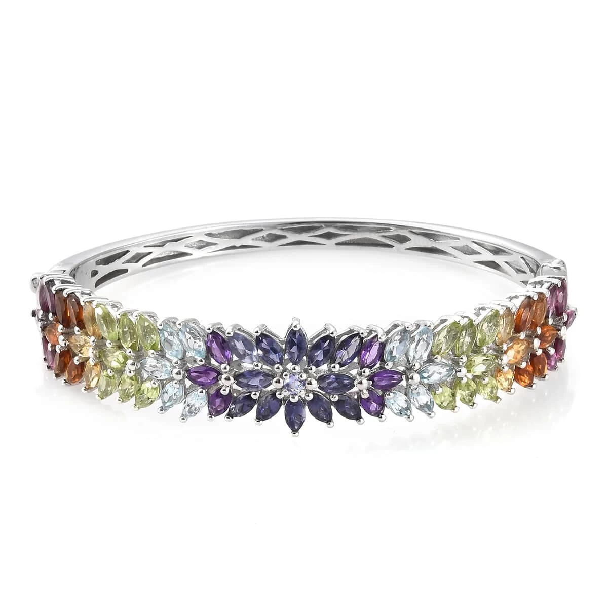 Multi Gemstone Bangle Bracelet In Platinum Over Sterling Silver (6.50 In) 10.60 Ctw 3 Multi Gemstone Bangle Bracelet In Platinum Over Sterling Silver (6.50 In) 10.60 Ctw