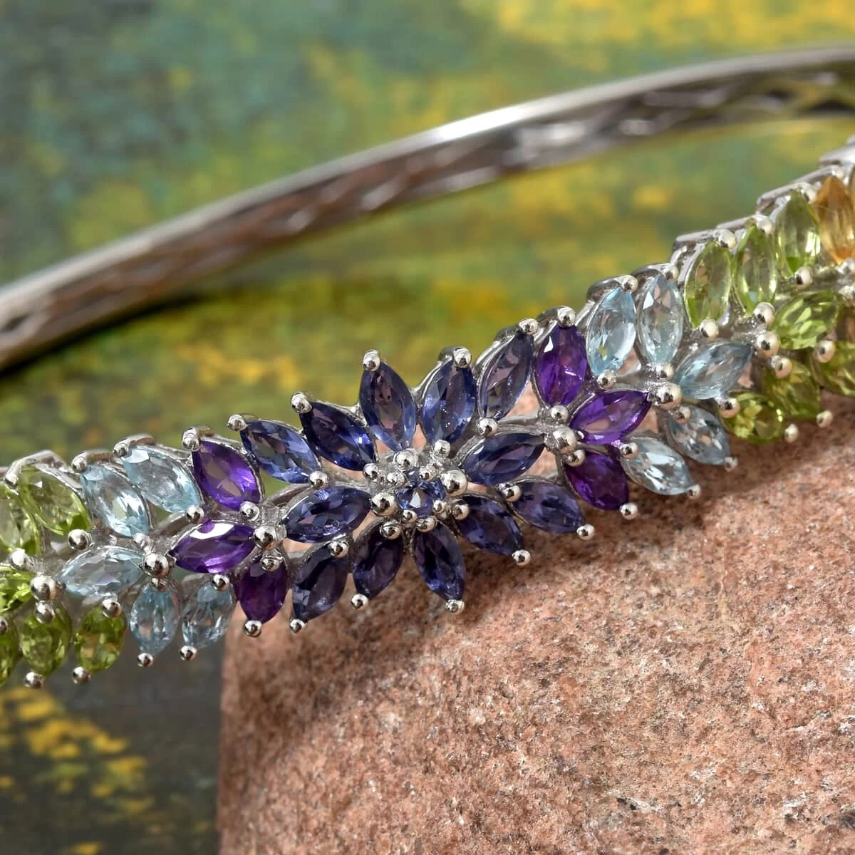 Multi Gemstone Bangle Bracelet In Platinum Over Sterling Silver (6.50 In) 10.60 Ctw 4 Multi Gemstone Bangle Bracelet In Platinum Over Sterling Silver (6.50 In) 10.60 Ctw - Image 2