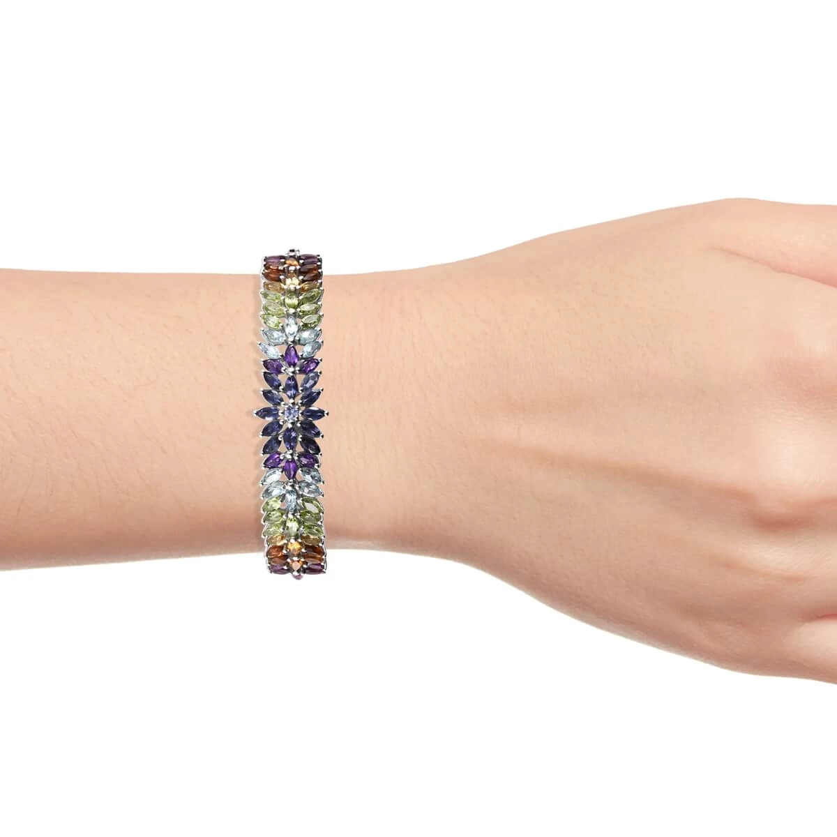 Multi Gemstone Bangle Bracelet In Platinum Over Sterling Silver (6.50 In) 10.60 Ctw 5 Multi Gemstone Bangle Bracelet In Platinum Over Sterling Silver (6.50 In) 10.60 Ctw - Image 3