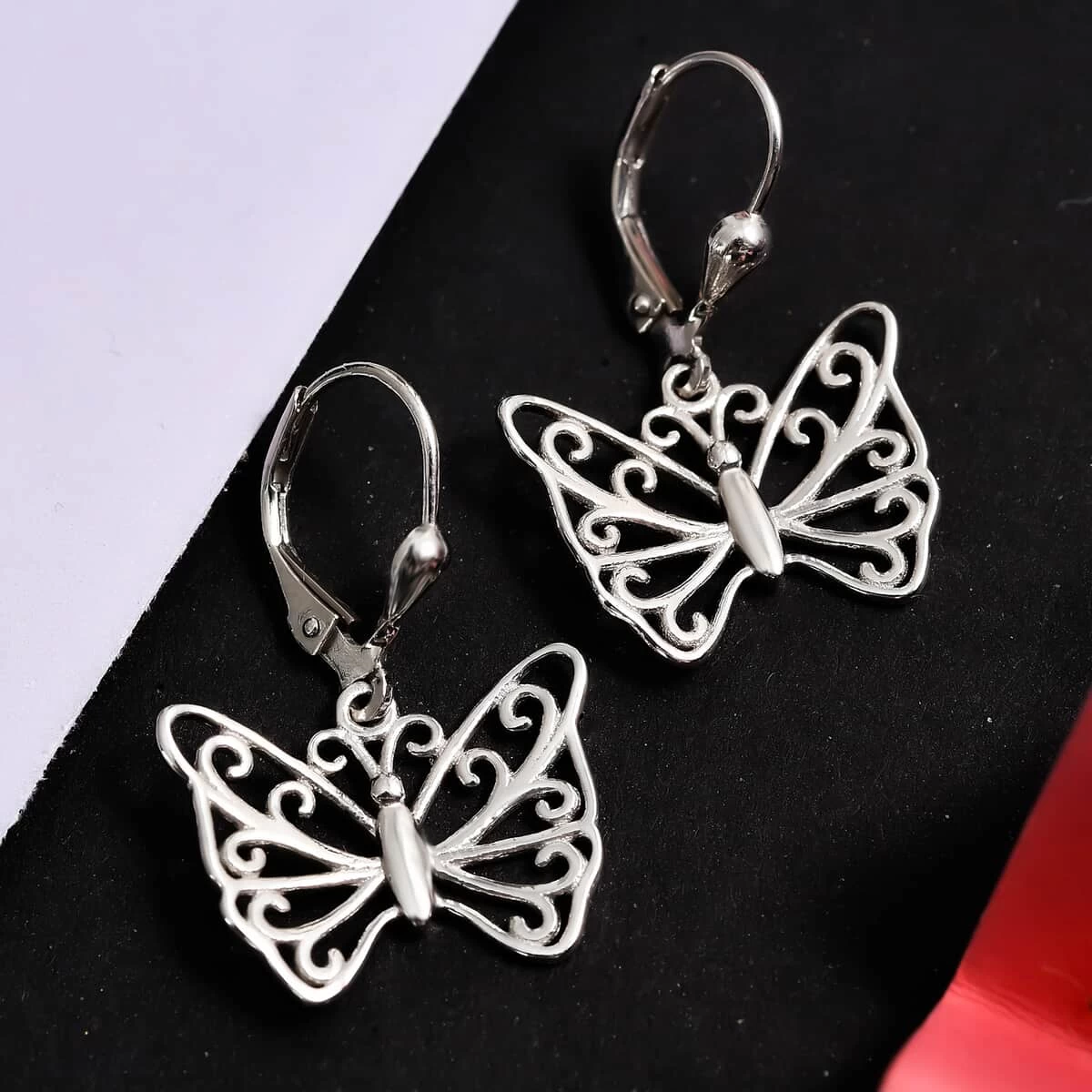 Butterfly Earrings In Platinum Plated Sterling Silver, Dangle Silver Earrings, Dangle Drop Earrings 4 Butterfly Earrings In Platinum Plated Sterling Silver, Dangle Silver Earrings, Dangle Drop Earrings - Image 2