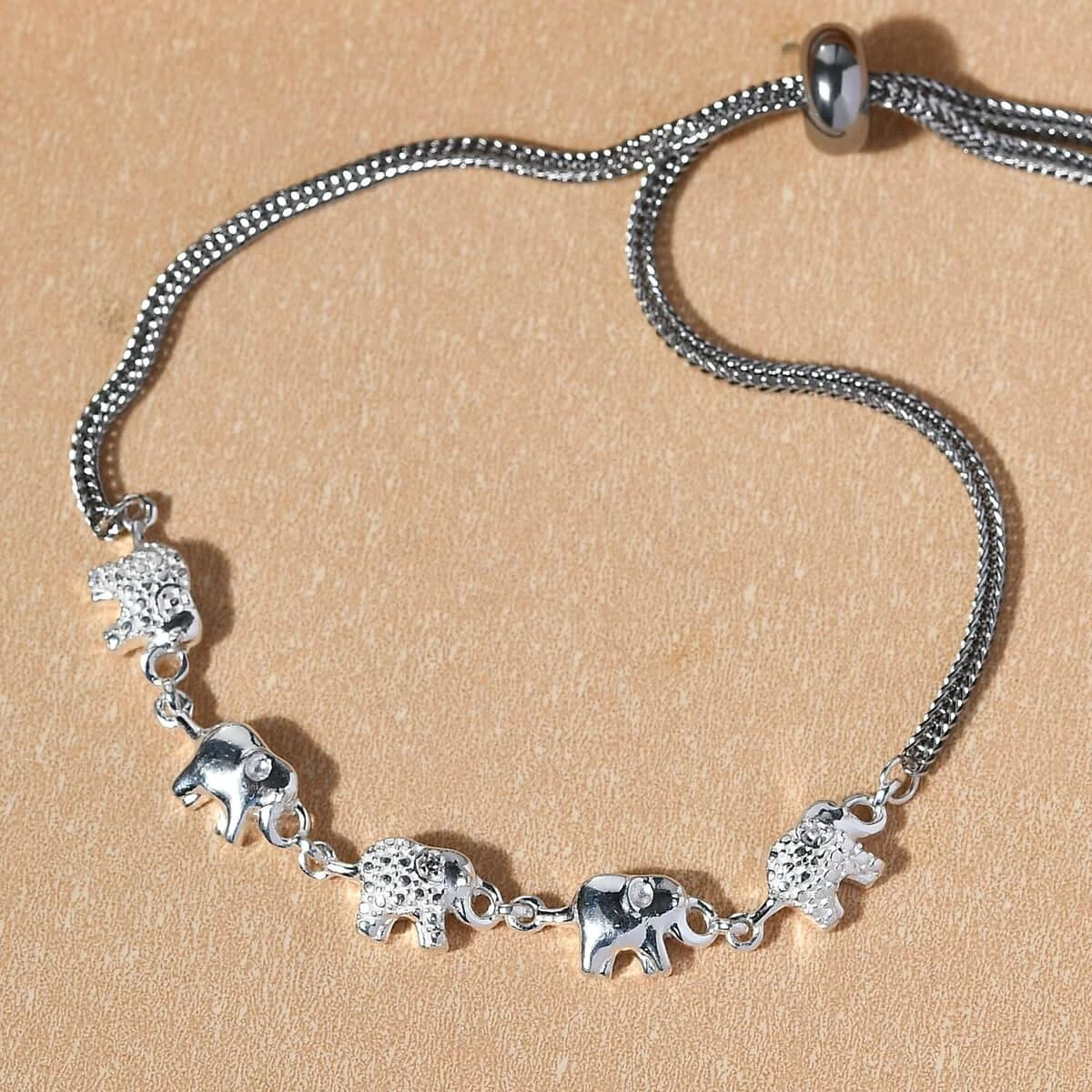Diamond Accent Elephant Bracelet In Sterling Silver With Stainless Steel Bolo Chain, Adjustable Charm Bracelet For Women 9.50 Inches 4 Diamond Accent Elephant Bracelet In Sterling Silver With Stainless Steel Bolo Chain, Adjustable Charm Bracelet For Women 9.50 Inches - Image 2