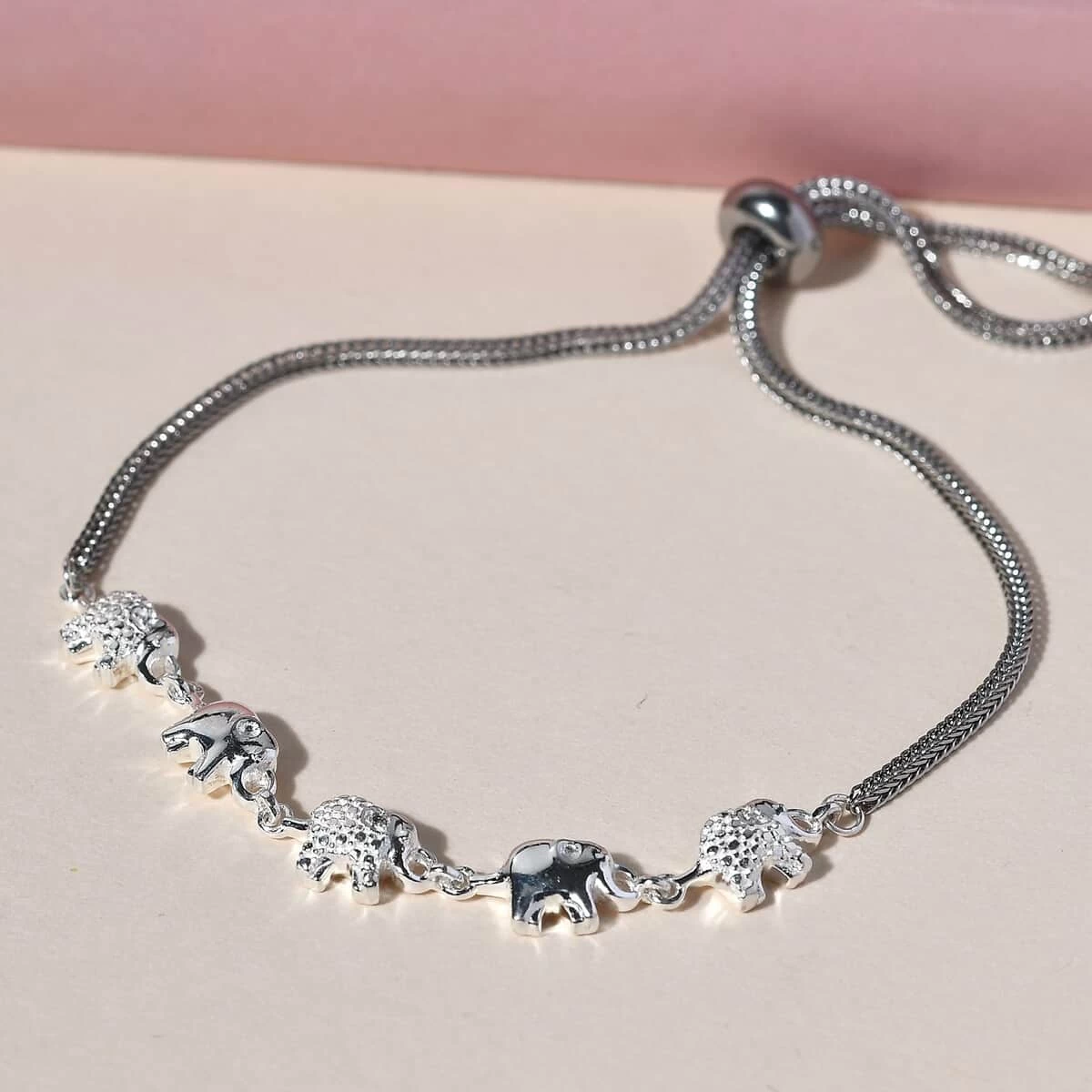 Diamond Accent Elephant Bracelet In Sterling Silver With Stainless Steel Bolo Chain, Adjustable Charm Bracelet For Women 9.50 Inches 5 Diamond Accent Elephant Bracelet In Sterling Silver With Stainless Steel Bolo Chain, Adjustable Charm Bracelet For Women 9.50 Inches - Image 3