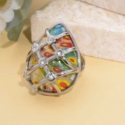 Multi Color Murano Style And Austrian Crystal Ring In Stainless Steel -Jewelry store 3275649 1