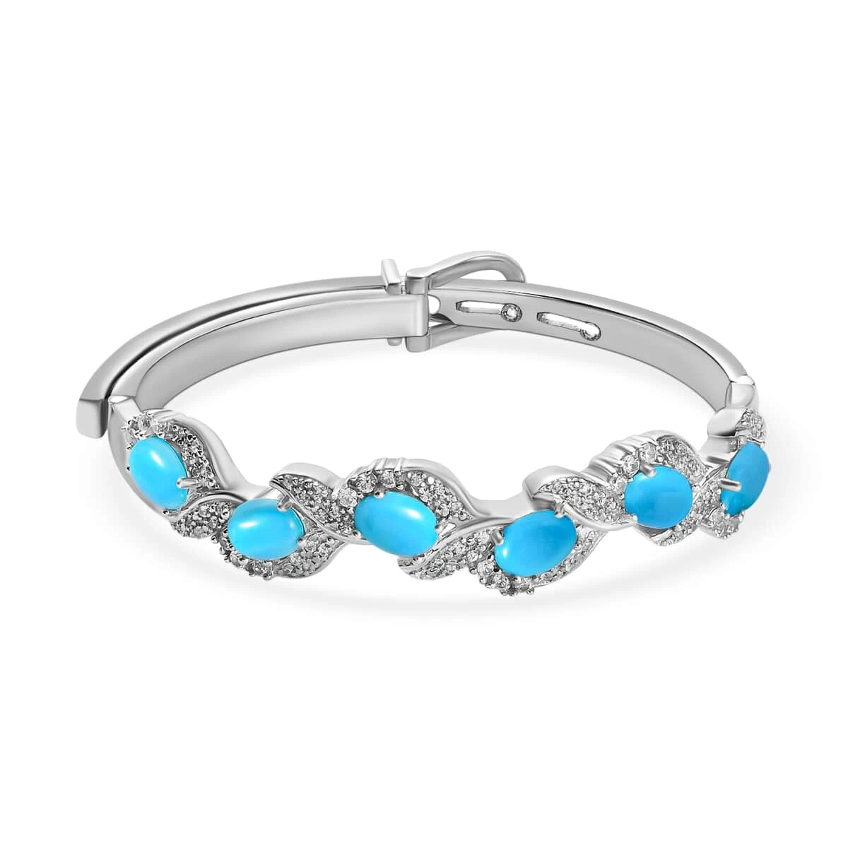 American Natural Sleeping Beauty Turquoise And Cambodian Zircon Buckle Bangle Bracelet (7.25 In) In Sterling Silver 32.60 Grams 7.10 Ctw 3 American Natural Sleeping Beauty Turquoise And Cambodian Zircon Buckle Bangle Bracelet (7.25 In) In Sterling Silver 32.60 Grams 7.10 Ctw