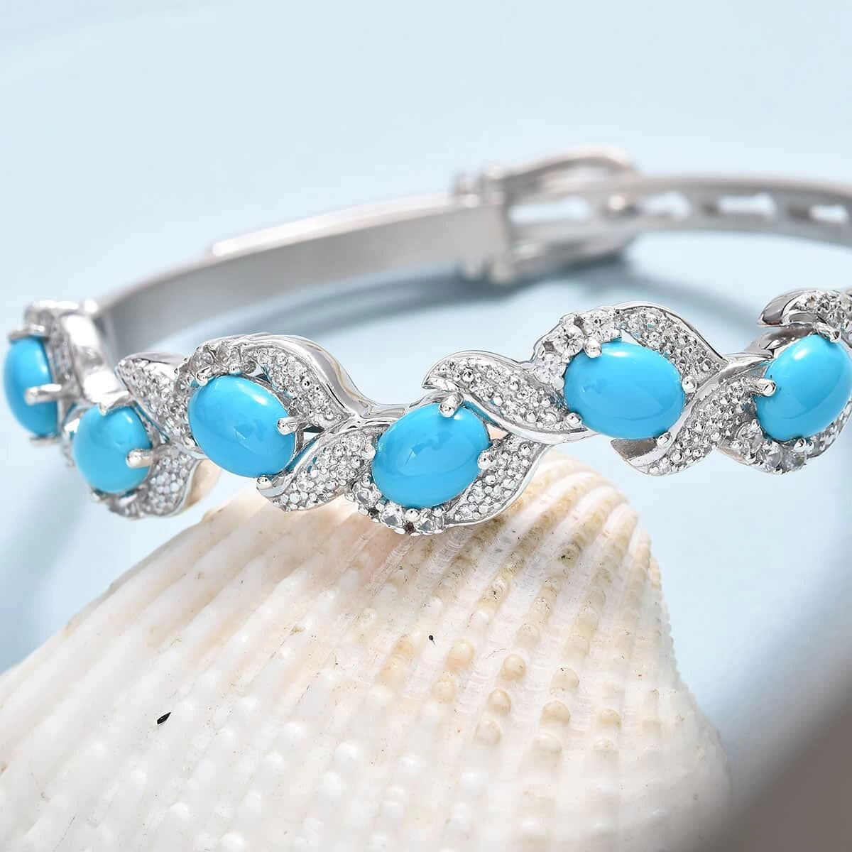American Natural Sleeping Beauty Turquoise And Cambodian Zircon Buckle Bangle Bracelet (7.25 In) In Sterling Silver 32.60 Grams 7.10 Ctw 4 American Natural Sleeping Beauty Turquoise And Cambodian Zircon Buckle Bangle Bracelet (7.25 In) In Sterling Silver 32.60 Grams 7.10 Ctw - Image 2