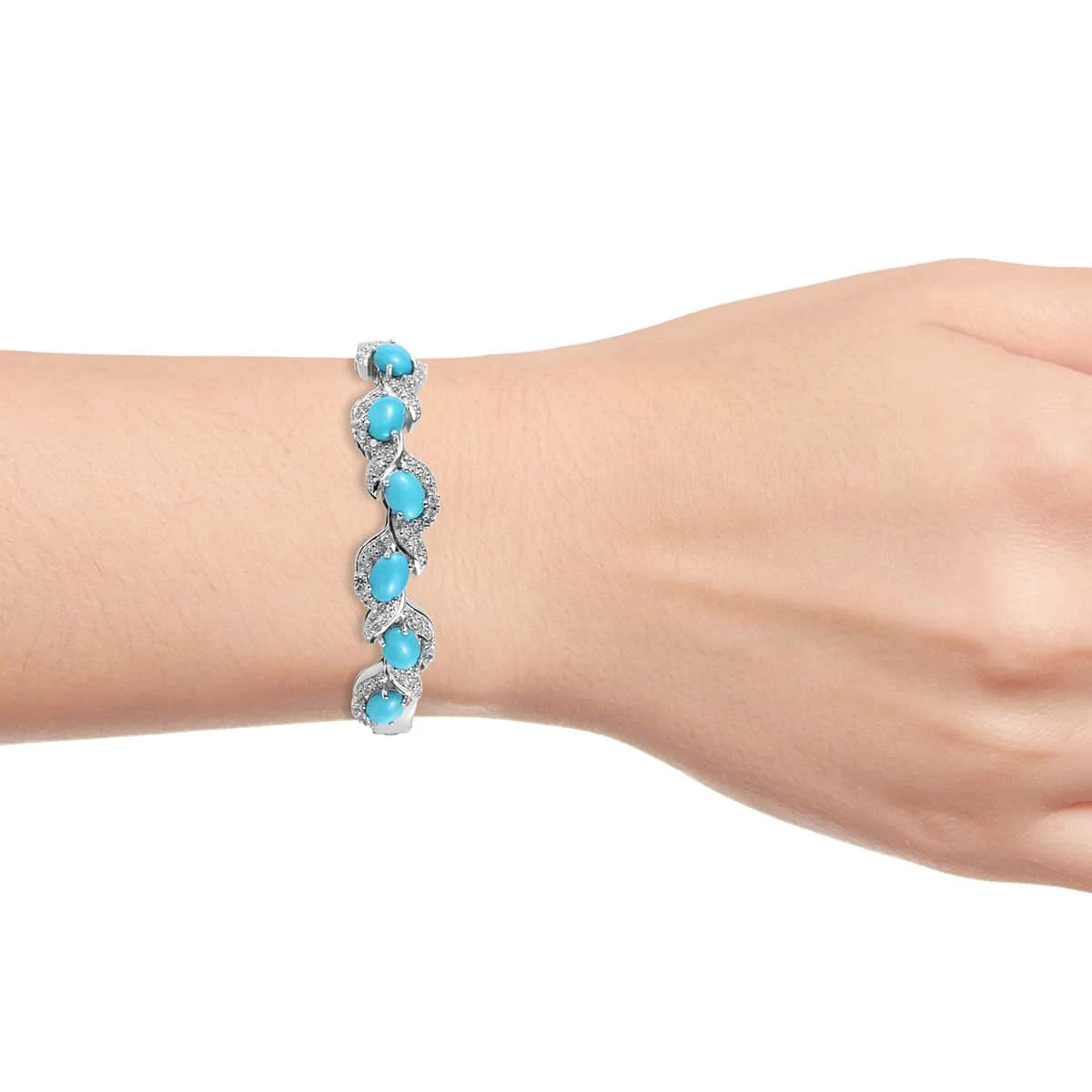 American Natural Sleeping Beauty Turquoise And Cambodian Zircon Buckle Bangle Bracelet (7.25 In) In Sterling Silver 32.60 Grams 7.10 Ctw 5 American Natural Sleeping Beauty Turquoise And Cambodian Zircon Buckle Bangle Bracelet (7.25 In) In Sterling Silver 32.60 Grams 7.10 Ctw - Image 3