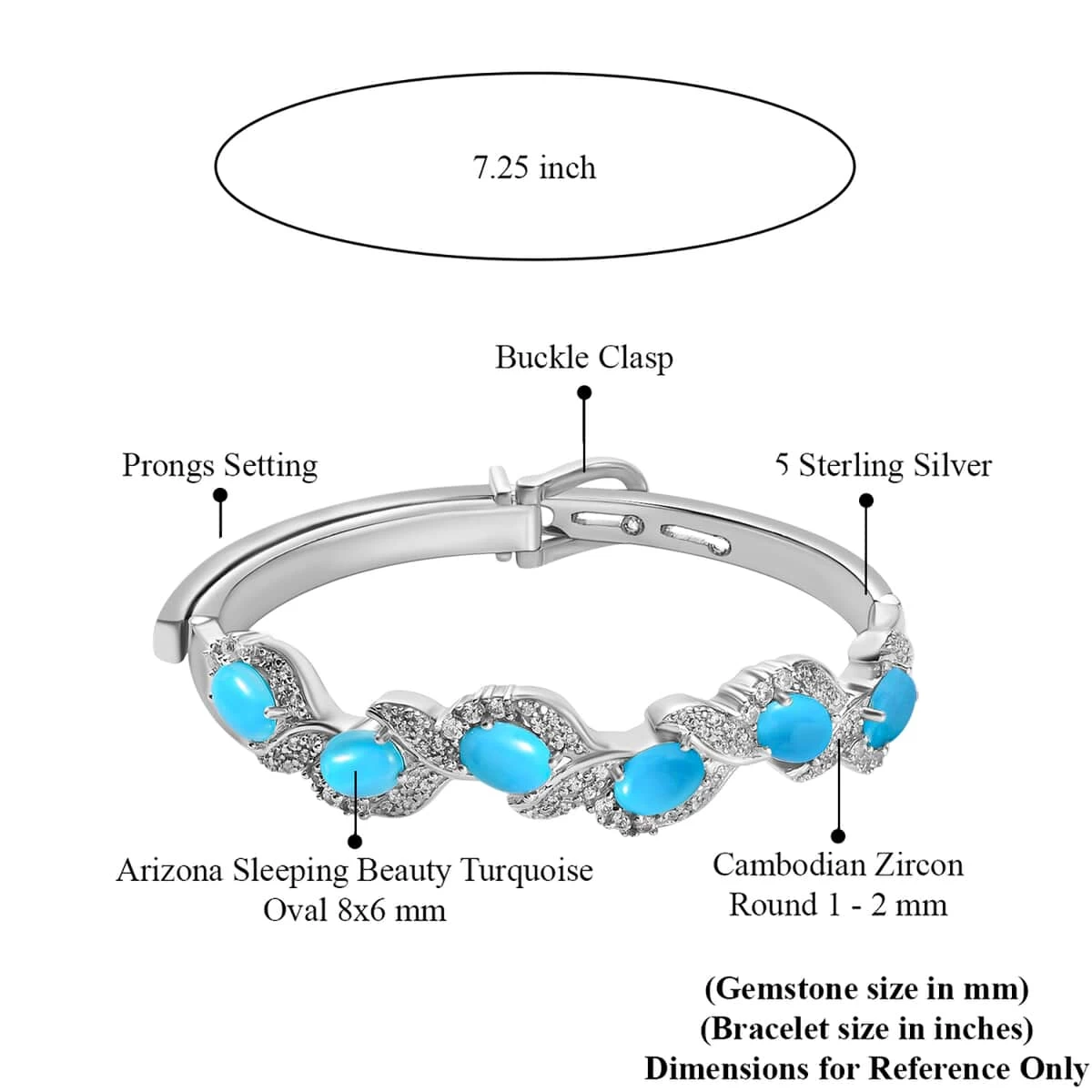 American Natural Sleeping Beauty Turquoise And Cambodian Zircon Buckle Bangle Bracelet (7.25 In) In Sterling Silver 32.60 Grams 7.10 Ctw 9 American Natural Sleeping Beauty Turquoise And Cambodian Zircon Buckle Bangle Bracelet (7.25 In) In Sterling Silver 32.60 Grams 7.10 Ctw - Image 7