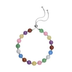 Multi Color Jade (D) Beaded Bolo Bracelet In Sterling Silver 70.00 Ctw