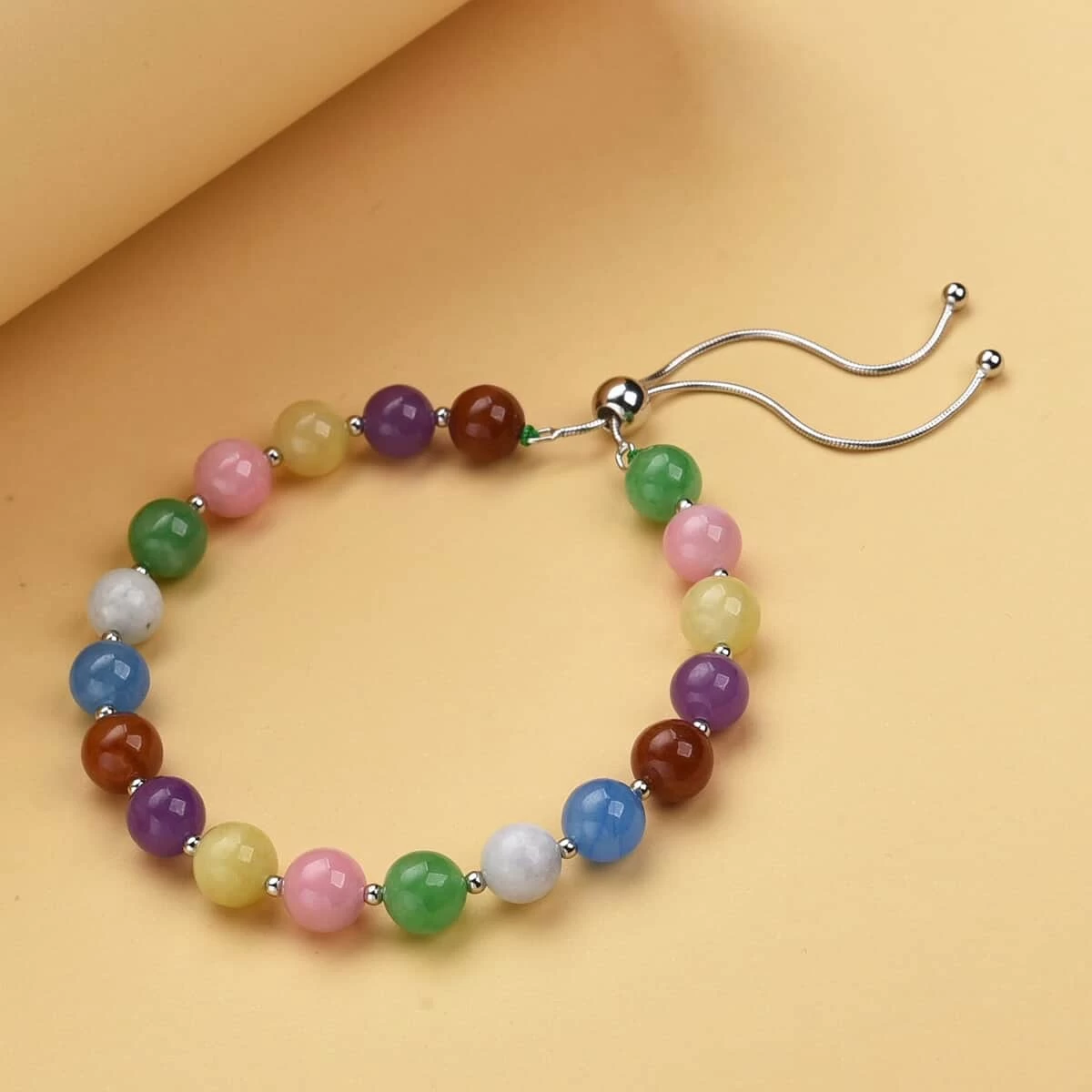Multi Color Jade (D) Beaded Bolo Bracelet In Sterling Silver 70.00 Ctw 3 Multi Color Jade (D) Beaded Bolo Bracelet In Sterling Silver 70.00 Ctw - Image 2