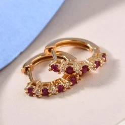 Premium Mundarara Ruby And White Zircon Hoop Earrings In Vermeil Yellow Gold Over Sterling Silver 0.60 Ctw -Jewelry store 3413925 1