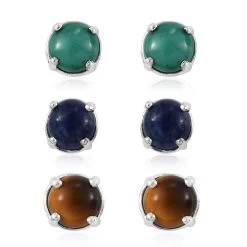Set Of 3 Lapis Lazuli, Tiger's Eye And African Malachite Stud Earrings In Sterling Silver 6.50 Ctw -Jewelry store 3511119 14