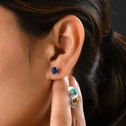 Set Of 3 Lapis Lazuli, Tiger's Eye And African Malachite Stud Earrings In Sterling Silver 6.50 Ctw -Jewelry store 3511119 2