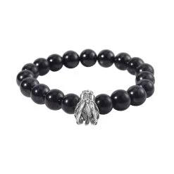 Shungite Beaded Stretch Bracelet With Dragon Charm In Black Oxidized Sterling Silver 133.50 Ctwc