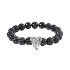 Shungite Beaded Stretch Bracelet With Elephant Charm In Black Oxidized Sterling Silver 107.00 Ctw