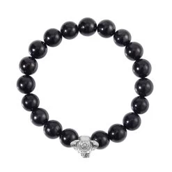 Shungite Beaded Stretch Bracelet With Elephant Charm In Black Oxidized Sterling Silver 107.00 Ctw -Jewelry store 3595100 3