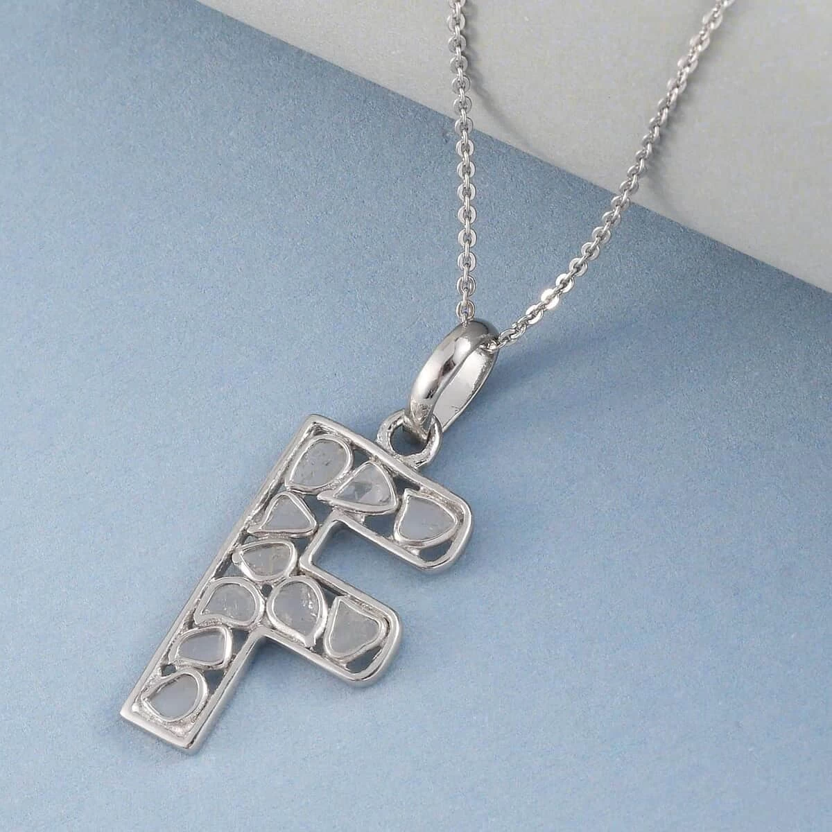 Artisan Crafted Polki Diamond Pendant Necklace, Initial F Pendant Necklace, 20 Inch Necklace In Platinum Over Sterling Silver, Polki Diamond Jewelry 0.50 Ctw 4 Artisan Crafted Polki Diamond Pendant Necklace, Initial F Pendant Necklace, 20 Inch Necklace In Platinum Over Sterling Silver, Polki Diamond Jewelry 0.50 Ctw - Image 2