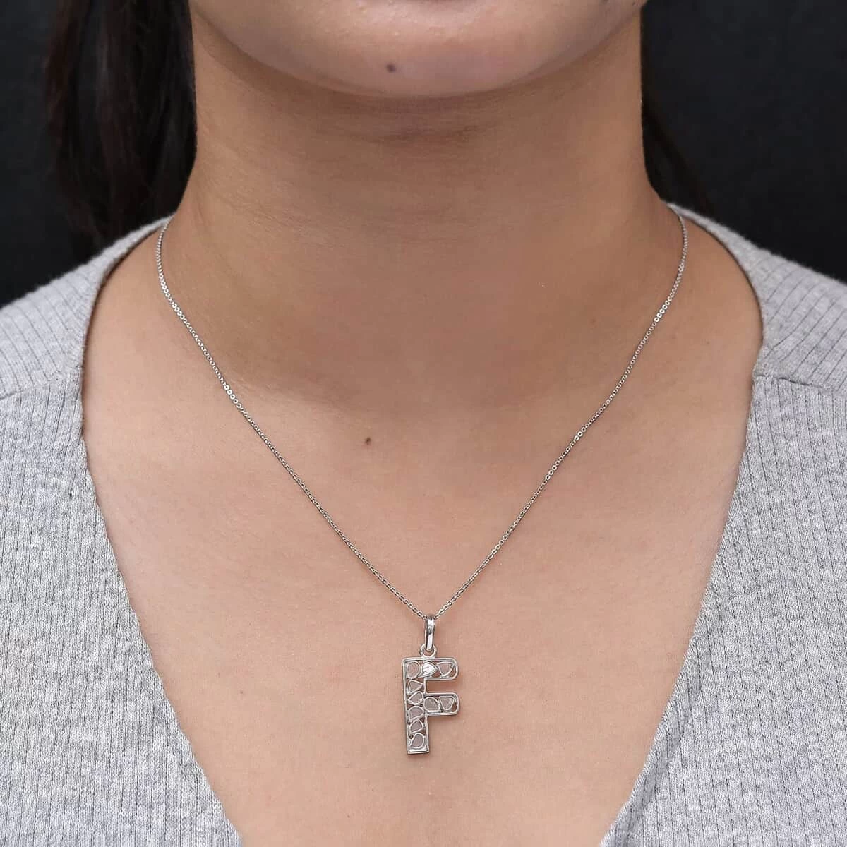 Artisan Crafted Polki Diamond Pendant Necklace, Initial F Pendant Necklace, 20 Inch Necklace In Platinum Over Sterling Silver, Polki Diamond Jewelry 0.50 Ctw 5 Artisan Crafted Polki Diamond Pendant Necklace, Initial F Pendant Necklace, 20 Inch Necklace In Platinum Over Sterling Silver, Polki Diamond Jewelry 0.50 Ctw - Image 3