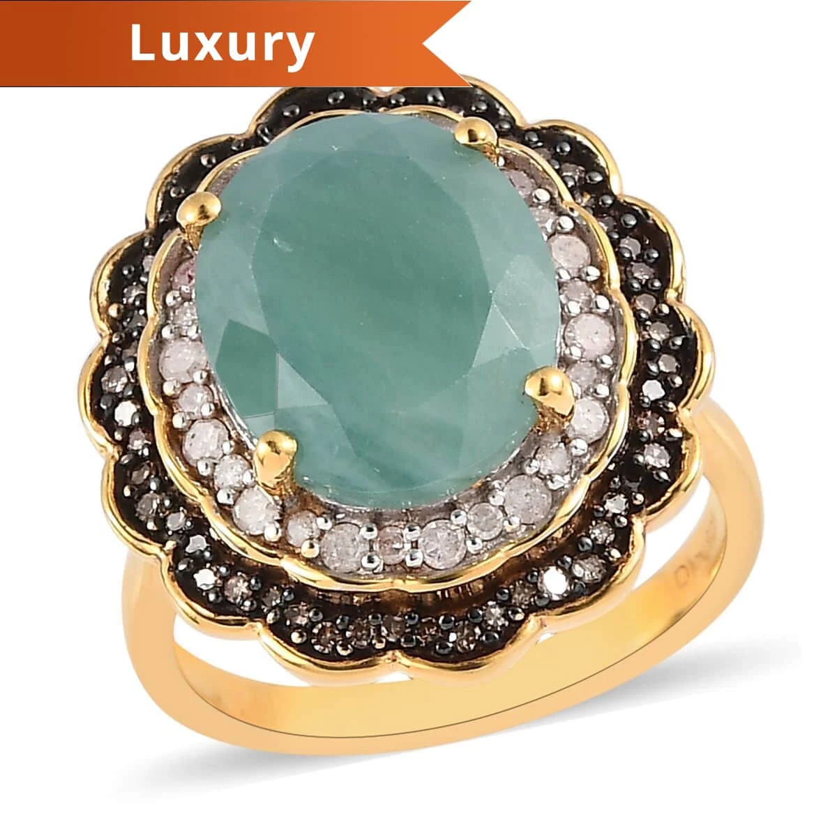 Grandidierite, Natural Champagne And White Diamond Double Halo Ring In Rhodium And Vermeil Yellow Gold Over Sterling Silver 5.65 Ctw 3 Grandidierite, Natural Champagne And White Diamond Double Halo Ring In Rhodium And Vermeil Yellow Gold Over Sterling Silver 5.65 Ctw