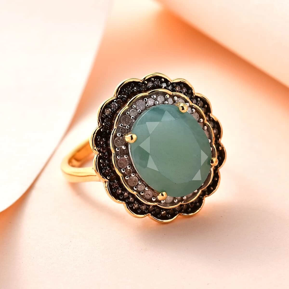 Grandidierite, Natural Champagne And White Diamond Double Halo Ring In Rhodium And Vermeil Yellow Gold Over Sterling Silver 5.65 Ctw 4 Grandidierite, Natural Champagne And White Diamond Double Halo Ring In Rhodium And Vermeil Yellow Gold Over Sterling Silver 5.65 Ctw - Image 2