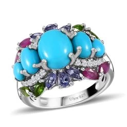 Sleeping Beauty Turquoise And Multi Gemstone Ring In Platinum Over Sterling Silver 4.60 Ctw