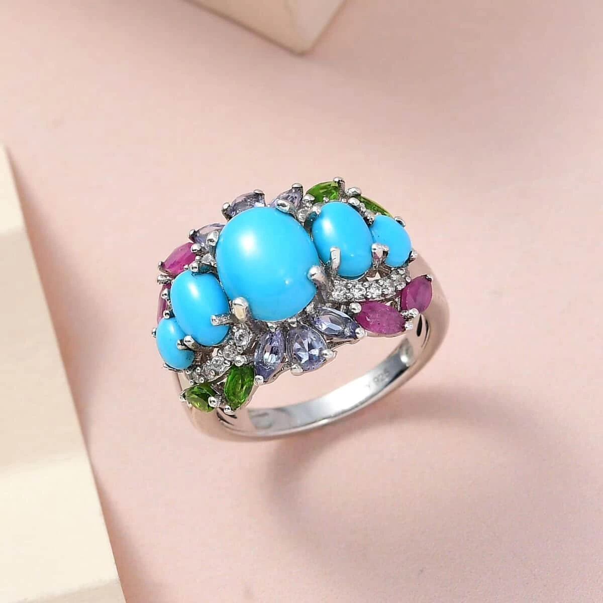 Sleeping Beauty Turquoise And Multi Gemstone Ring In Platinum Over Sterling Silver 4.60 Ctw 4 Sleeping Beauty Turquoise And Multi Gemstone Ring In Platinum Over Sterling Silver 4.60 Ctw - Image 2