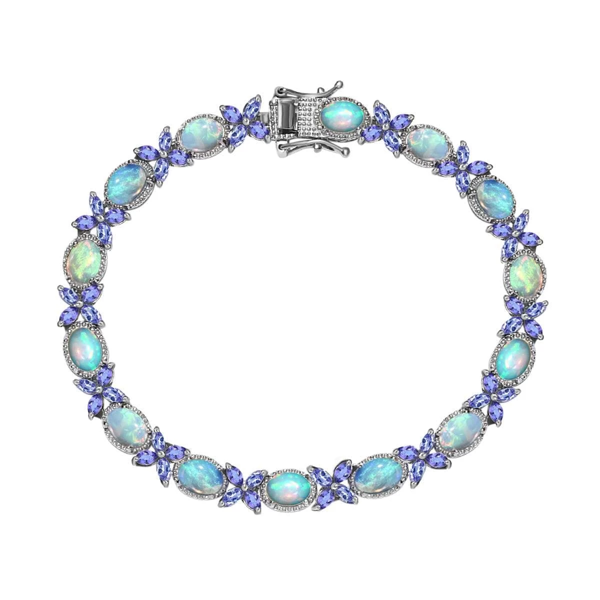 Premium Ethiopian Welo Opal And Tanzanite Bracelet In Platinum Over Sterling Silver (8.00 In) 11.35 Ctw 3 Premium Ethiopian Welo Opal And Tanzanite Bracelet In Platinum Over Sterling Silver (8.00 In) 11.35 Ctw