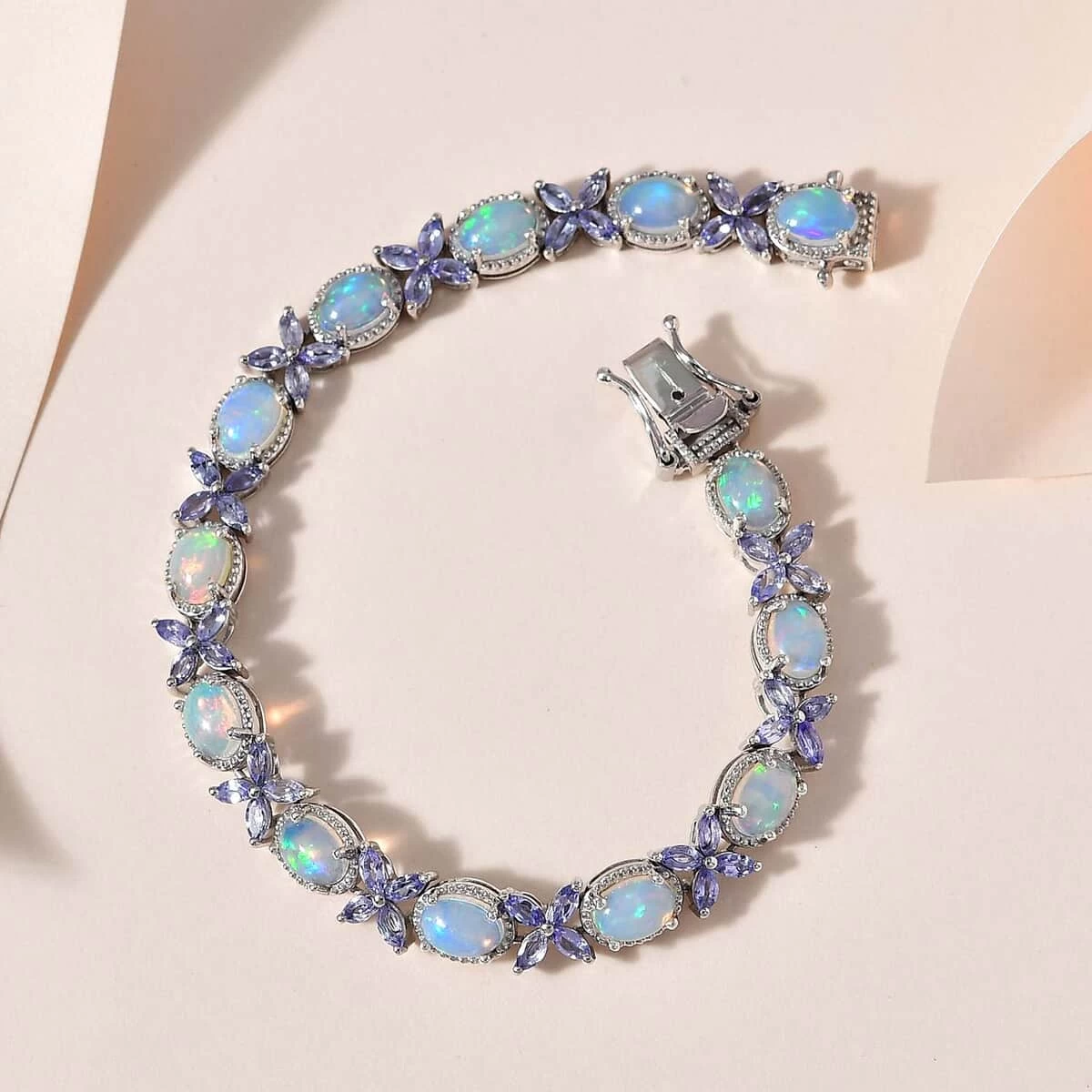 Premium Ethiopian Welo Opal And Tanzanite Bracelet In Platinum Over Sterling Silver (8.00 In) 11.35 Ctw 4 Premium Ethiopian Welo Opal And Tanzanite Bracelet In Platinum Over Sterling Silver (8.00 In) 11.35 Ctw - Image 2