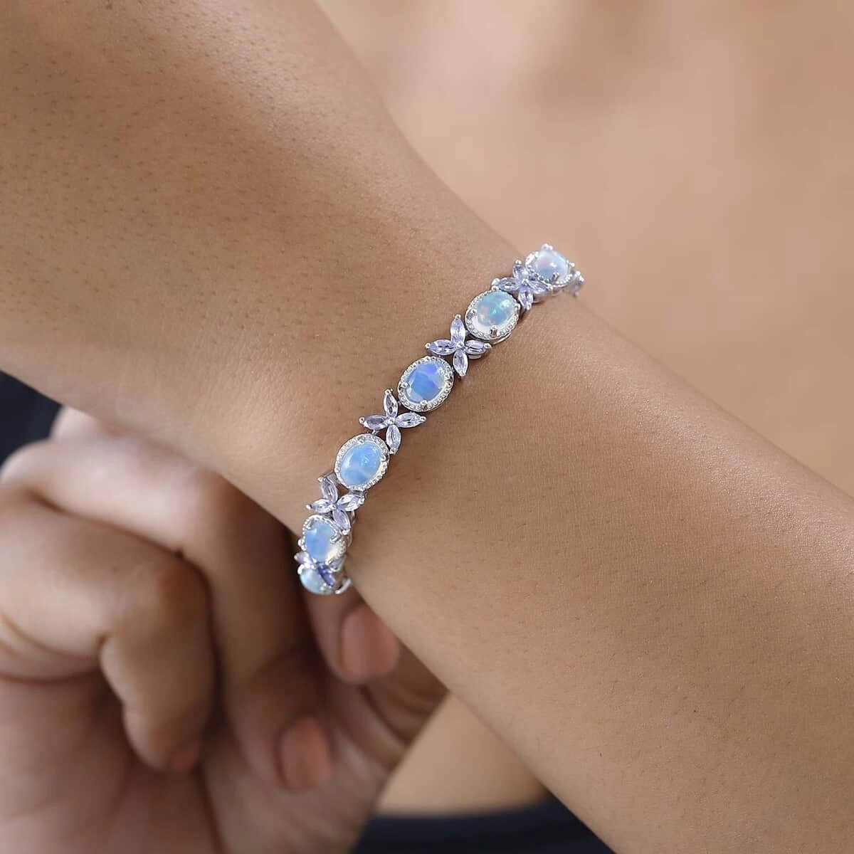 Premium Ethiopian Welo Opal And Tanzanite Bracelet In Platinum Over Sterling Silver (8.00 In) 11.35 Ctw 5 Premium Ethiopian Welo Opal And Tanzanite Bracelet In Platinum Over Sterling Silver (8.00 In) 11.35 Ctw - Image 3