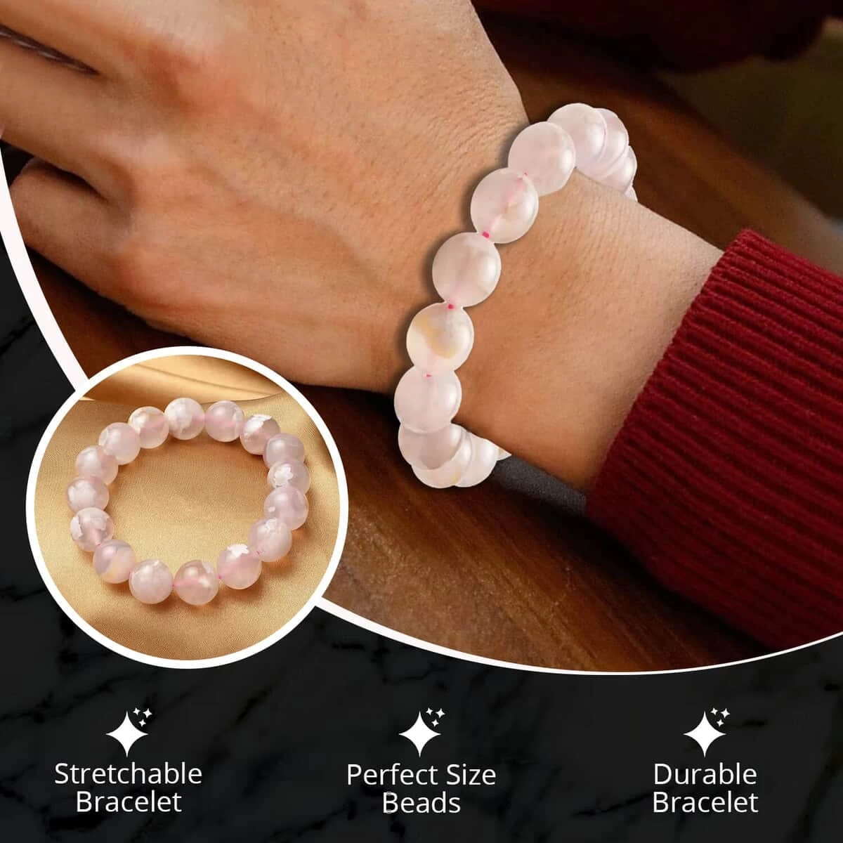 Cherry Blossom Agate Beaded Bracelet, Adjustable Beads Bracelet, Agate Bead Jewelry 214.00 Ctw 6 Cherry Blossom Agate Beaded Bracelet, Adjustable Beads Bracelet, Agate Bead Jewelry 214.00 Ctw - Image 4