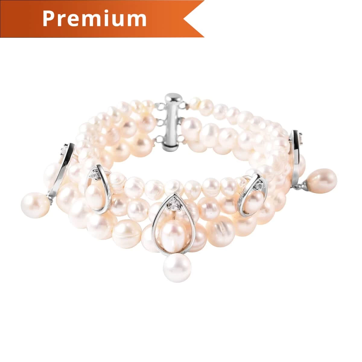 LucyQ Freshwater White Cultured Pearl And White Zircon Bracelet In Rhodium Over Sterling Silver (7.50 In) 9.40 Grams 0.50 Ctw 3 LucyQ Freshwater White Cultured Pearl And White Zircon Bracelet In Rhodium Over Sterling Silver (7.50 In) 9.40 Grams 0.50 Ctw