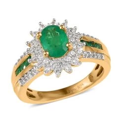 AAA Kagem Zambian Emerald, Natural White Zircon Sunburst Ring In Vermeil YG Over Sterling Silver 1.70 Ctw